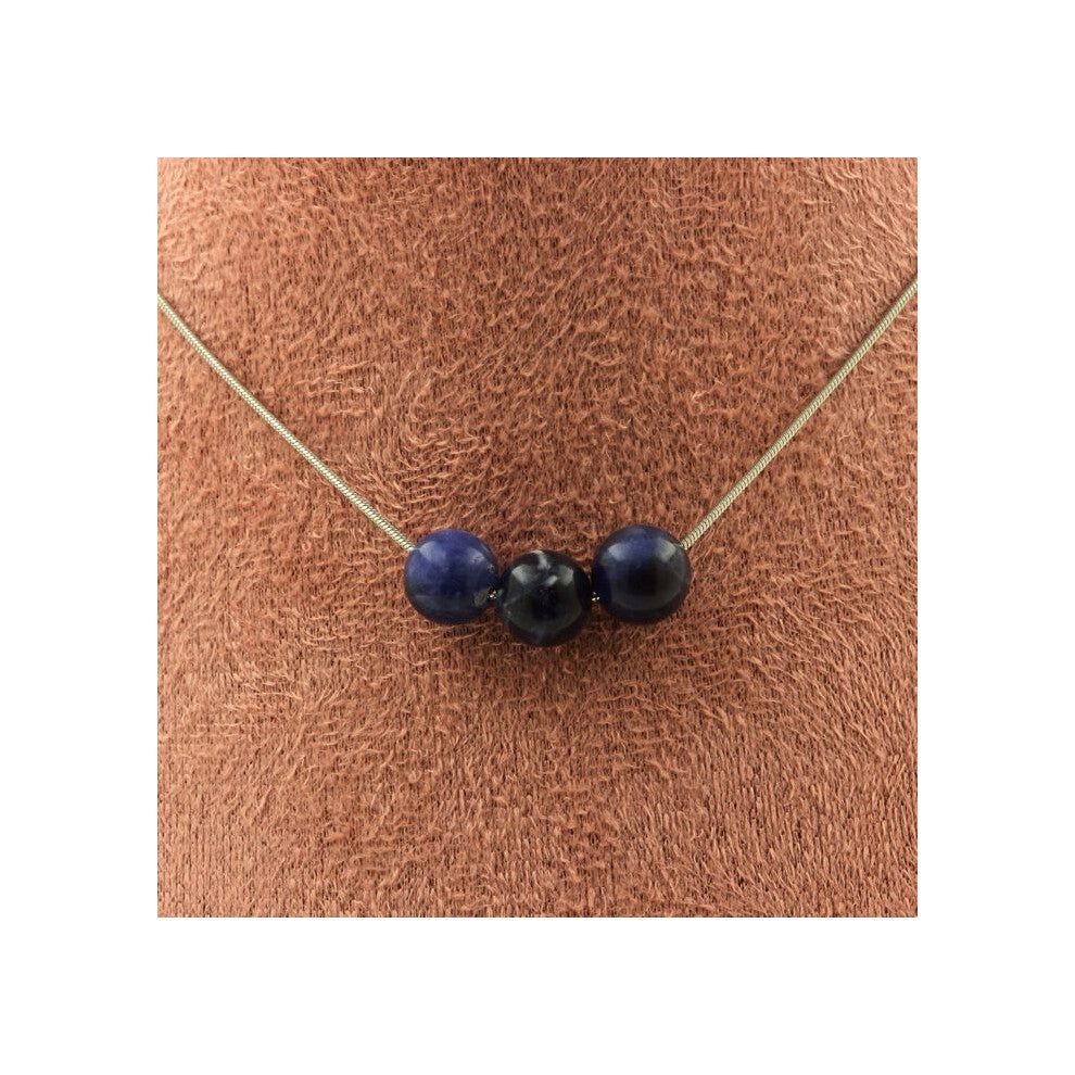 Stones and Minerals. Necklace 3 Sodalite beads 8 mm Stainless steel chain Necklace for women, men. Customizable size.