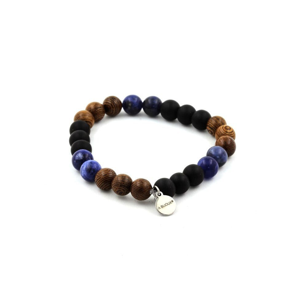 Stones and Minerals. Bracelet Sodalite Beads + Matte Black Onyx + Wood 8 mm. Made in France.