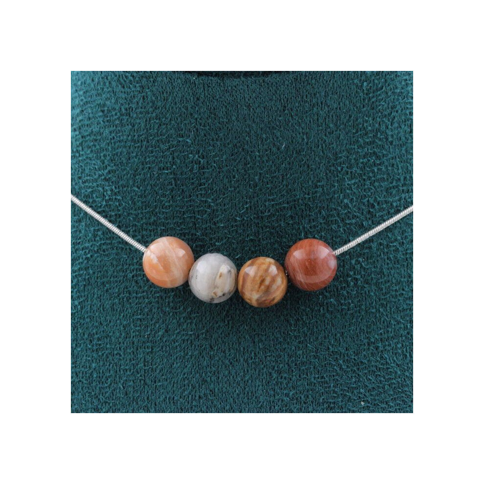 Stones and Minerals. 4-bead necklace Petrified wood 8 mm. Stainless steel chain necklace for women, men. Customizable size.