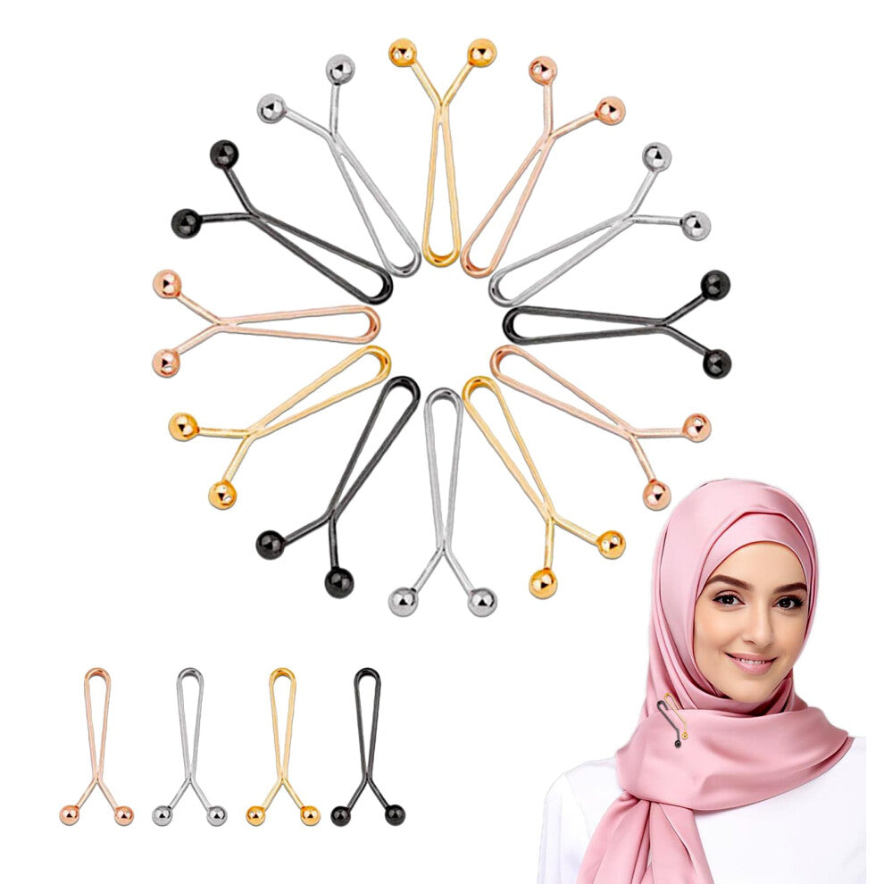 Pack of 12 Black Hijab Safety Pins with Large Small Beads, Brooches for Women's Headscarves in Black, White, Gold, Rose Gold