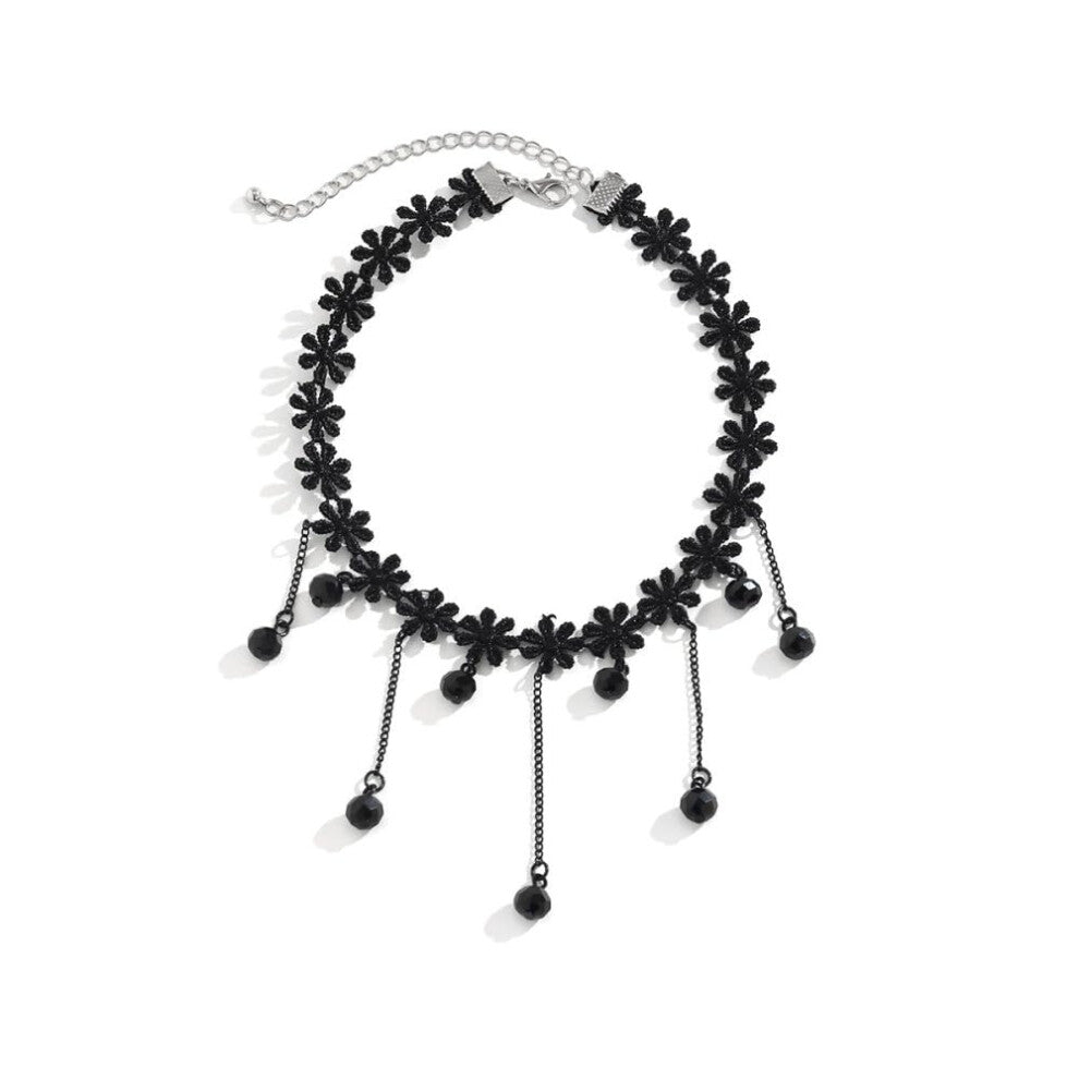 Gothic Pearl Tassel Chains for Women – Black Daisy Choker Necklace, Hip-Hop Jewelry, Trendy Punk Accessories, One Size