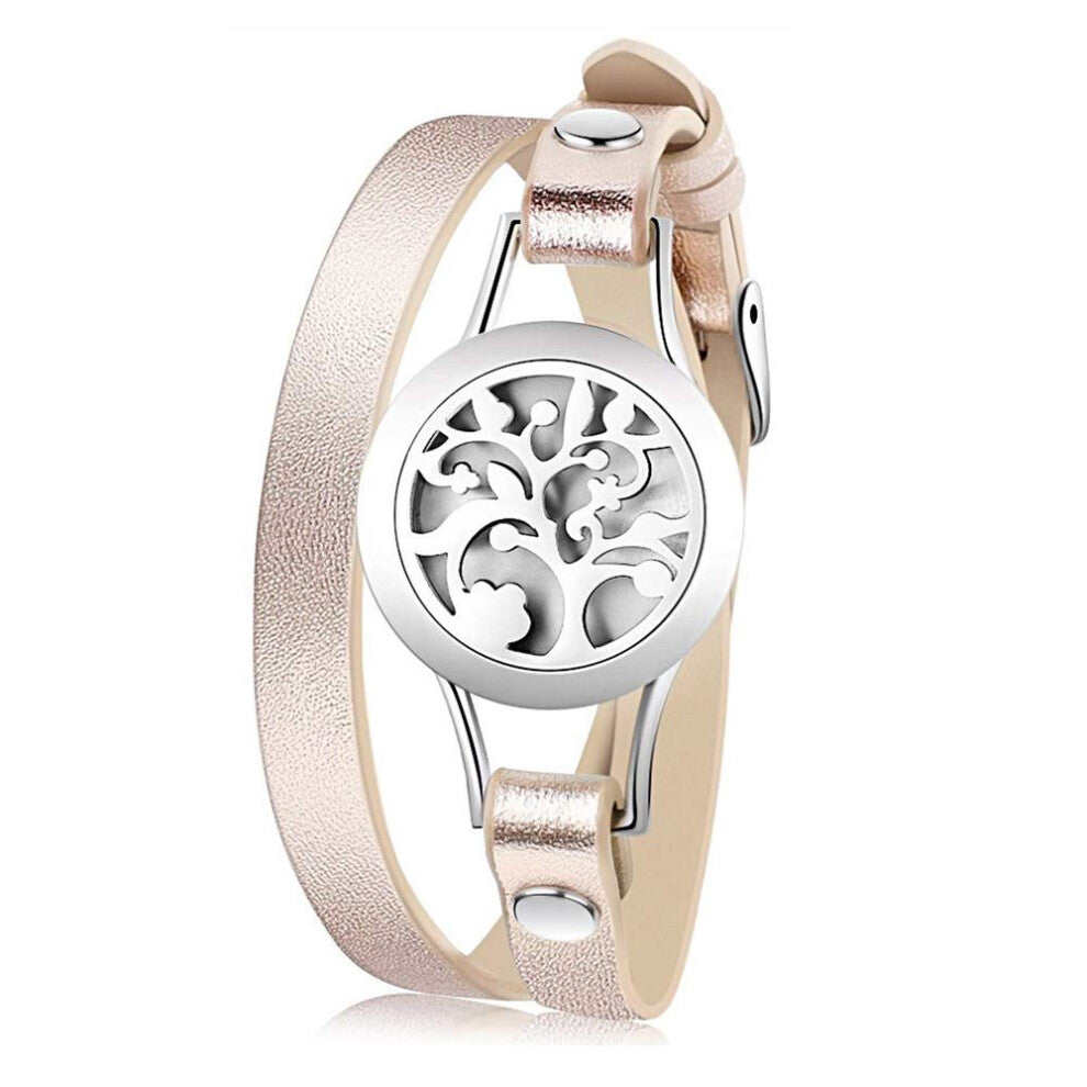 Jewellery Essential Oil Bracelet Stainless Steel Tree of Life Locket Aromatherapy Diffuser Bangle Genuine Leather Light Pink with 8 Pads
