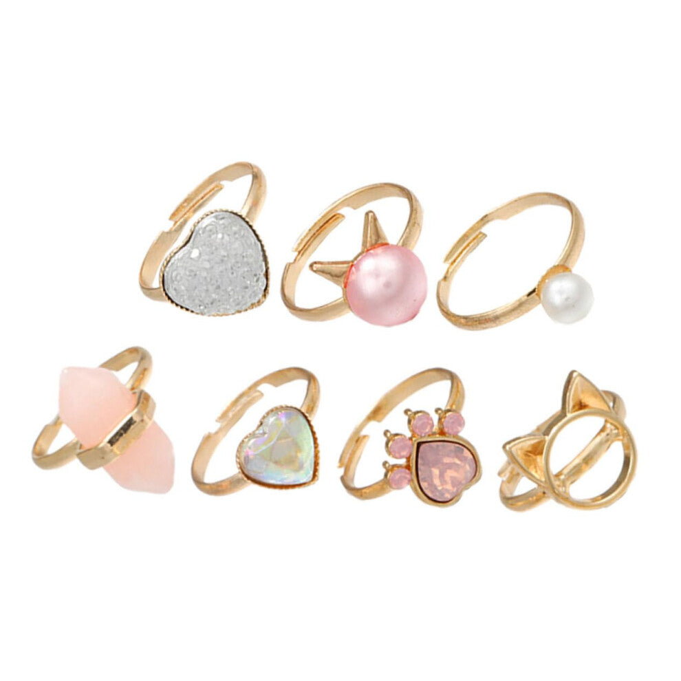 7 Piece Cartoon Girl Rings Toddler Jewelry Metal Decorative Rings for Girls Birthday Gift Small Finger Accessories