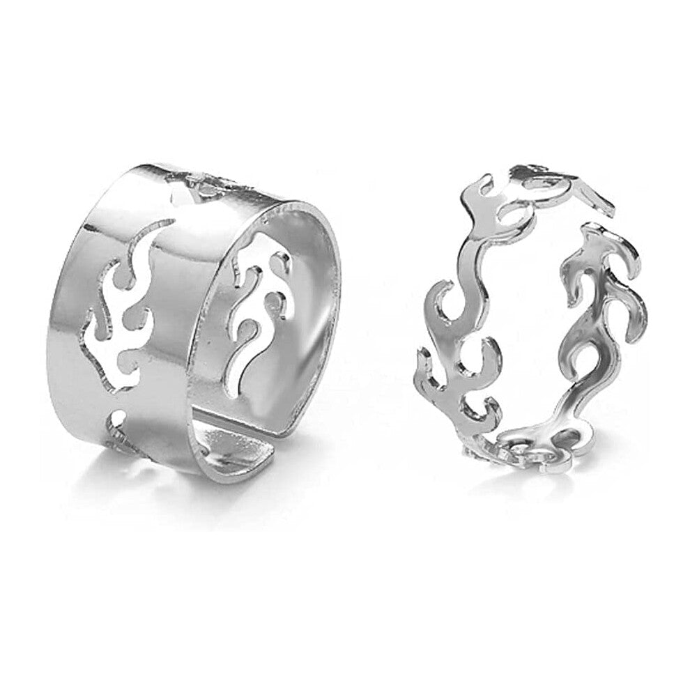Simple Hollow Punk Gold Silver Colour Matching Fashion Jewellery Open Rings Set Korean Style Flame Finger Rings for Women