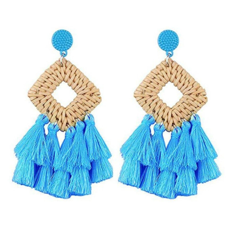 Vintage Bohemian Rattan Earrings, Geometric Straw Weave, Lightweight Blue Dangle Earrings, Elegant Fashion Accessories
