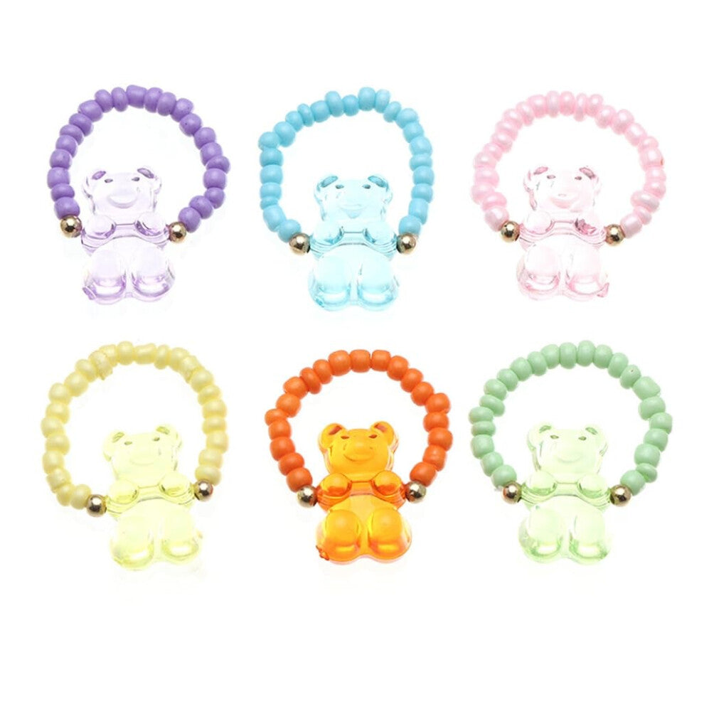 6 x Cartoon Bear Charm Rings, Adjustable Elastic Bead Rings, Colorful Resin Accessories, Unique Gemstone Jewelry