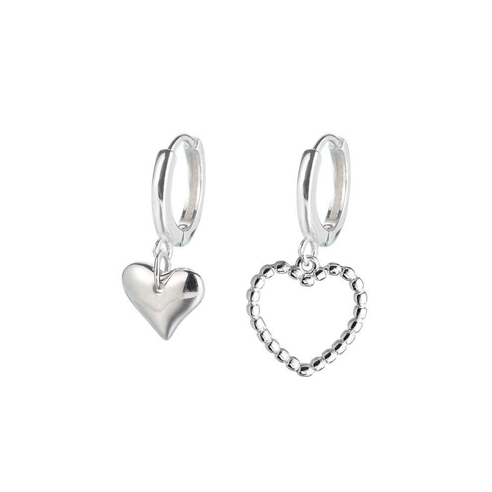 Fashion Silver Colour Hoop Earrings with Asymmetry Heart Charm for Women and Girls, Party Jewelry Accessories