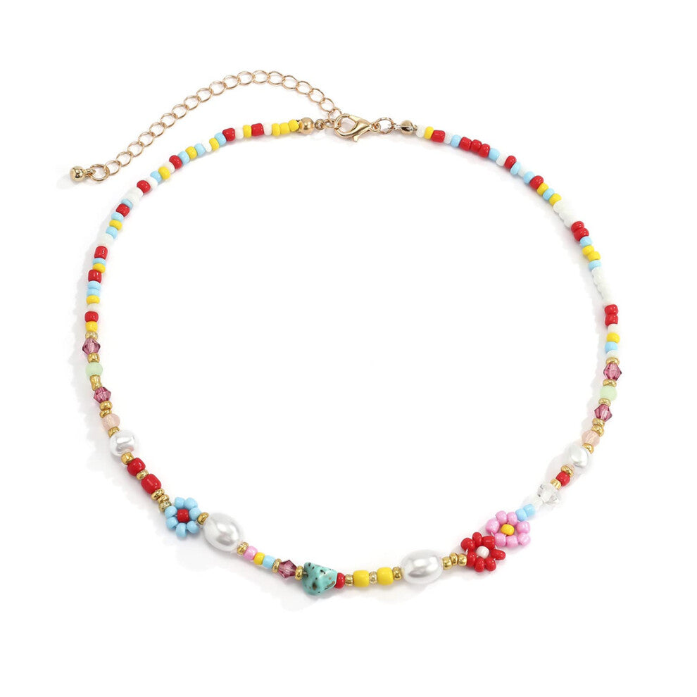 Floral Necklace with Artificial Pearls, Colored Pearls, Short Collarbone Chain for Women, Fashion Jewelry in Various Colors