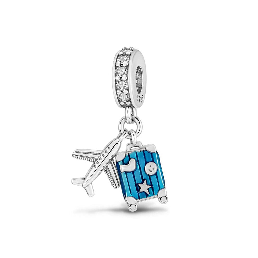 Travel Plane Luggage Charm Bead Pendant Bracelet for Women DIY Jewellery Gift Adjustable Size Silver Color