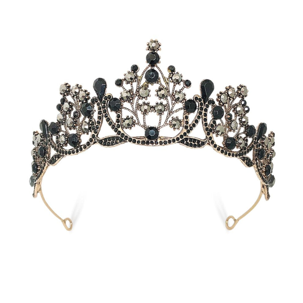 Vintage Hair Crown, Crystal Tiara for Bridal Wedding, Prom Pageant, Rhinestone Accessories in Black Gold for Parties