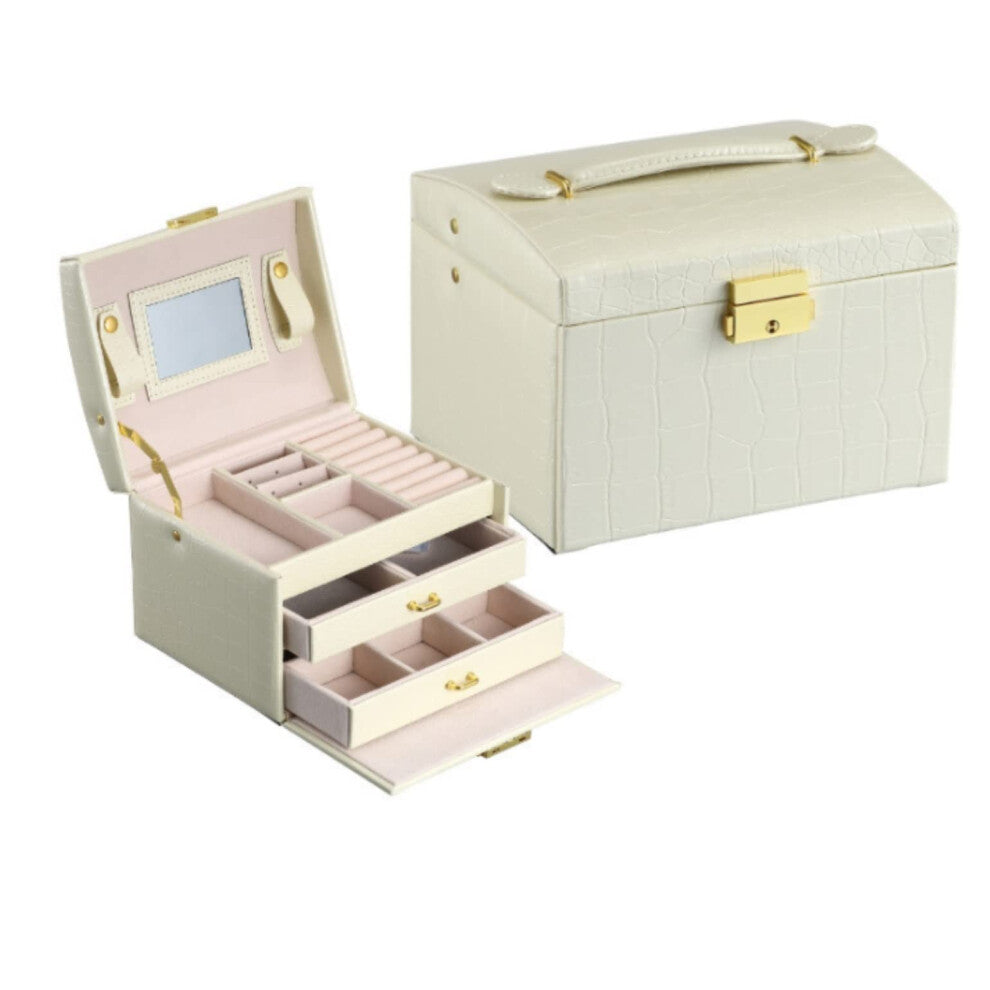 Earring Storage Box Large Capacity Jewellery Organiser with Mirror Travel Suitcase Red White 19x14x13cm