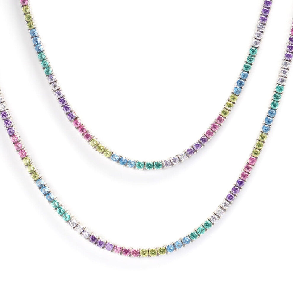 S925 Sterling Silver 3mm Multicolor Glittering Tennis Necklaces for Women, 18 Inch Round Cut CZ Simulated Diamond