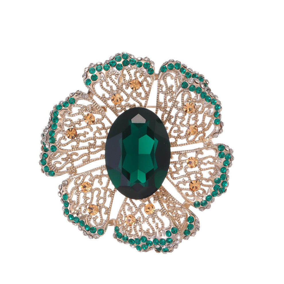 Vintage Flower Brooch for Women Green Crystal Pin Accessory for Outerwear 1 Piece Floral Design
