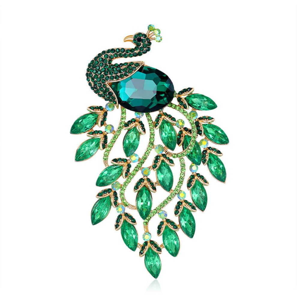 Peacock Brooch for Women and Girls, Large Green Crystal Cubic Zirconia Pin for Fabric Dress Accessories, Metal Design