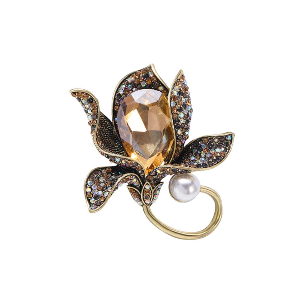 Crystal Flower Brooch for Women - Gold Alloy Corsage Pin for Dress and Bag Accessories, Elegant Floral Design