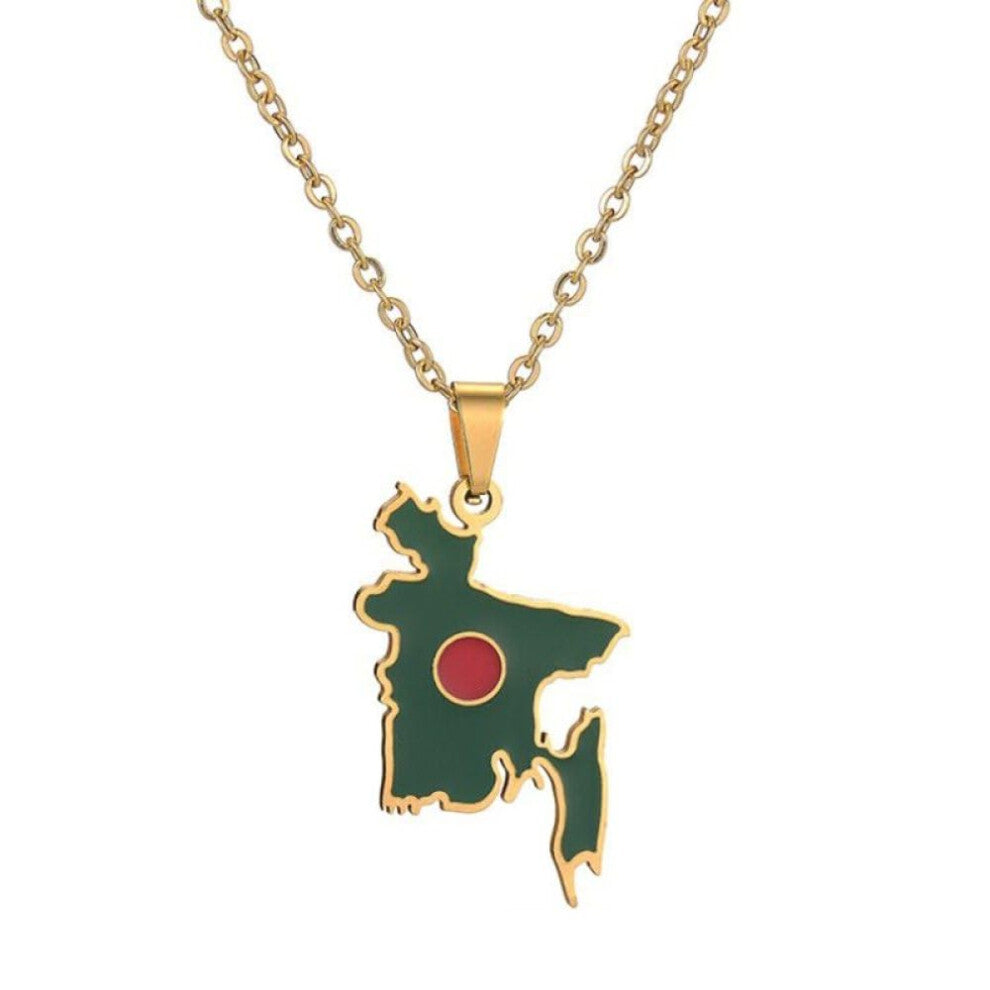 Fashionable Necklace with Pendant Map of Bangladesh, 45cm Enamel Waterproof Ethnic Jewellery for Men and Women, Yellow Dripping Oil Design