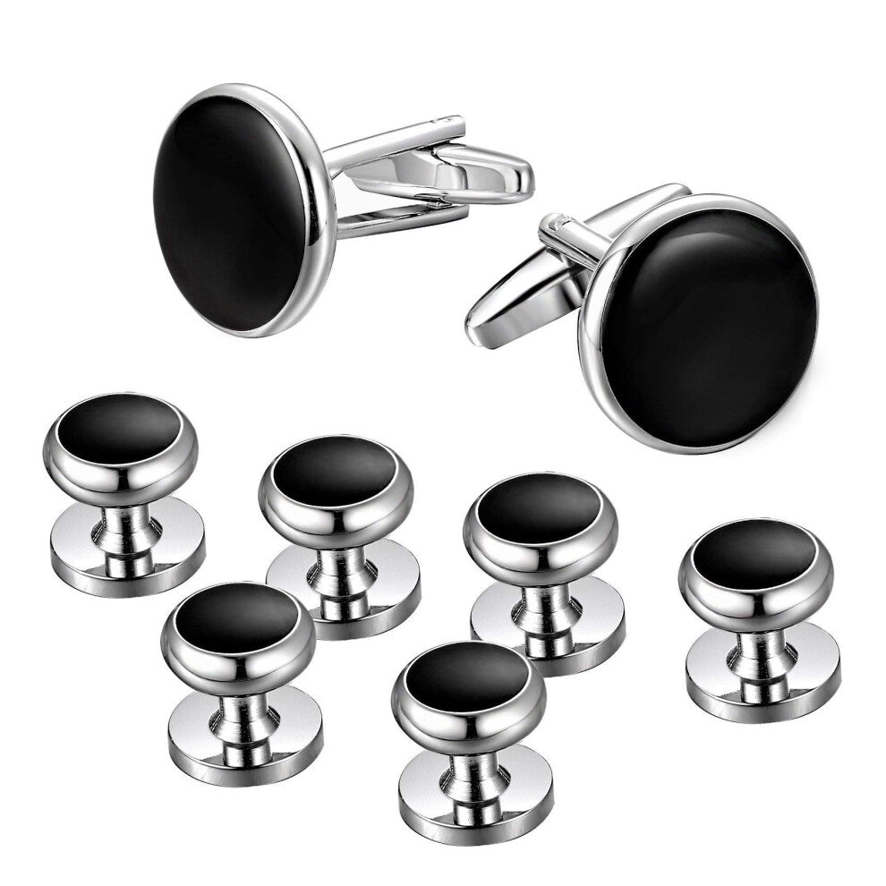 Mens Cufflinks and Studs Set for Tuxedo Shirts, Classic Black and Silver, Glossy Finish for Business and Wedding Suits