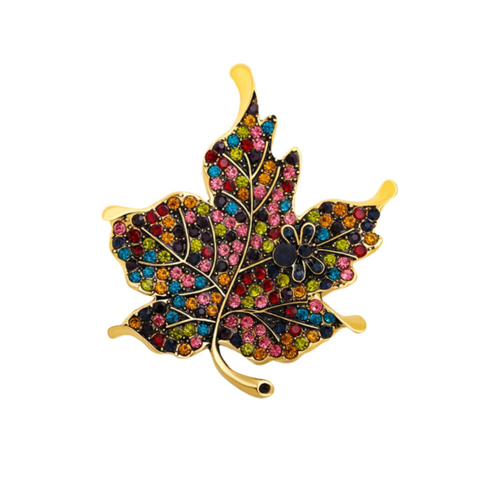 Vintage Colored Diamond Maple Leaf Brooch for Women, Gold Plated, Elegant Fashion Accessory for Outerwear