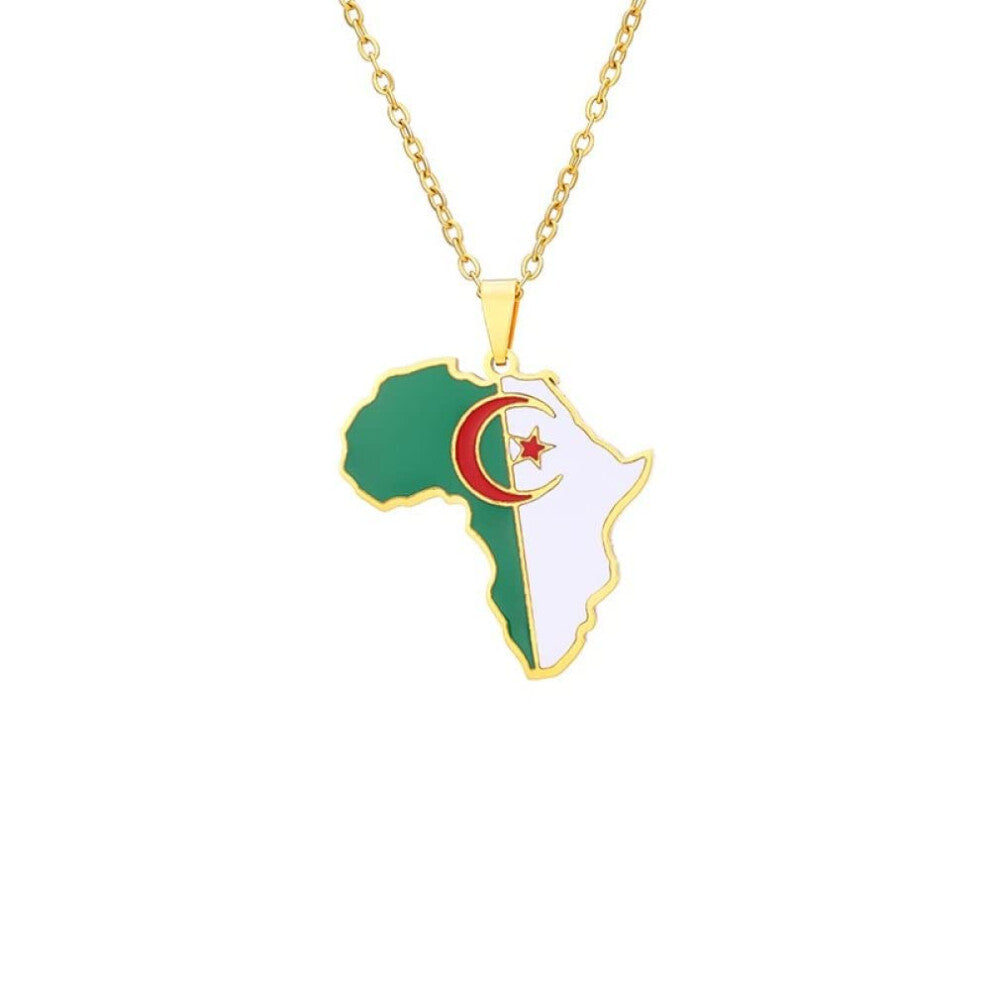African National Flag Necklace Algeria Map Pendant Clavicle Chain 45cm Hip Hop Fashion Accessories for Men and Women Yellow