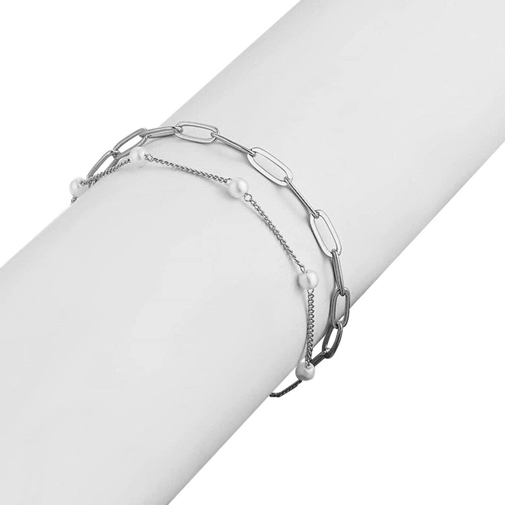 Der Ringe Mode Simple Foot Accessories Women's Creative Handmade Pearl Chain with Flat Anklet and Fork Ring Keychain Set