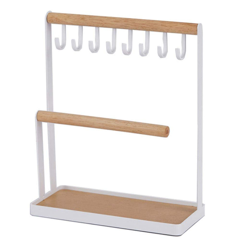 Jewelry Stand with Wooden Ring Holder and Hooks for Storing Necklaces, Bracelets, Rings, and Watches