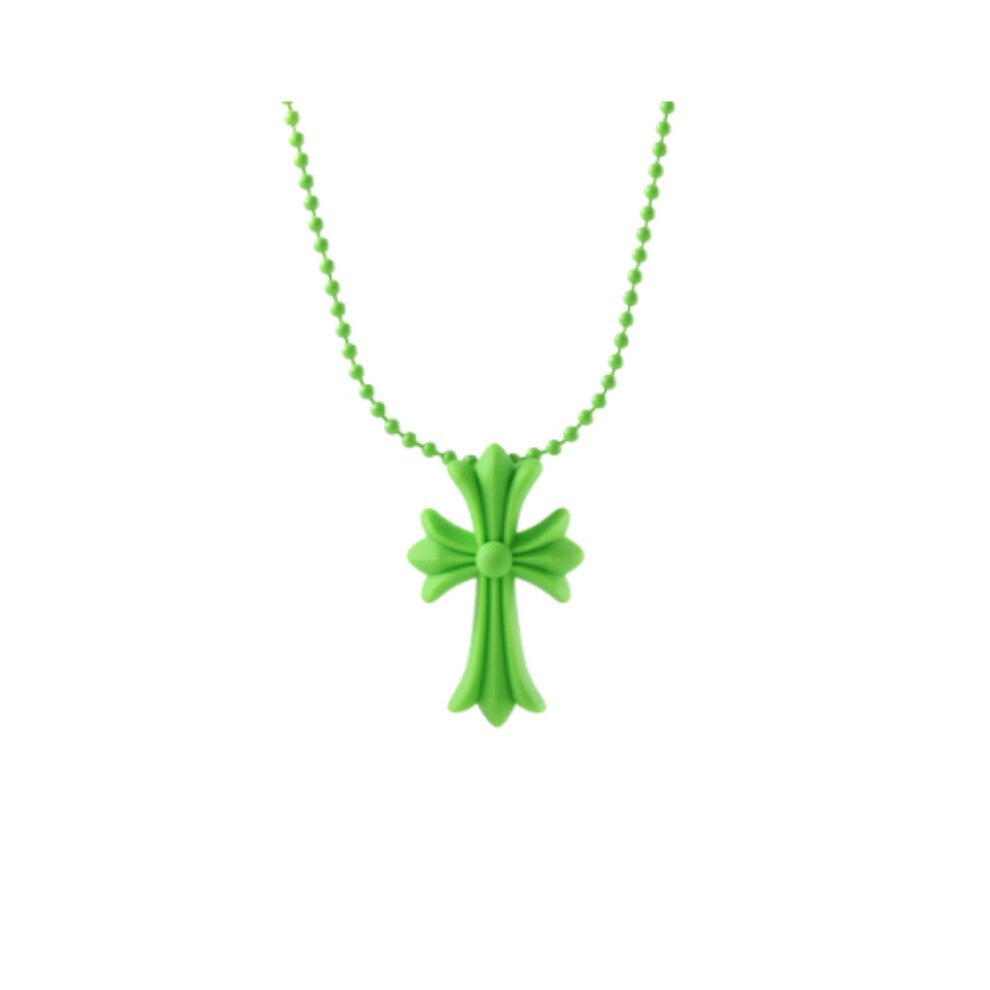 (Green) Hearts Crucifix Chrome Religious Vintage Punk Pendant Amulet Pvc Cross Necklace