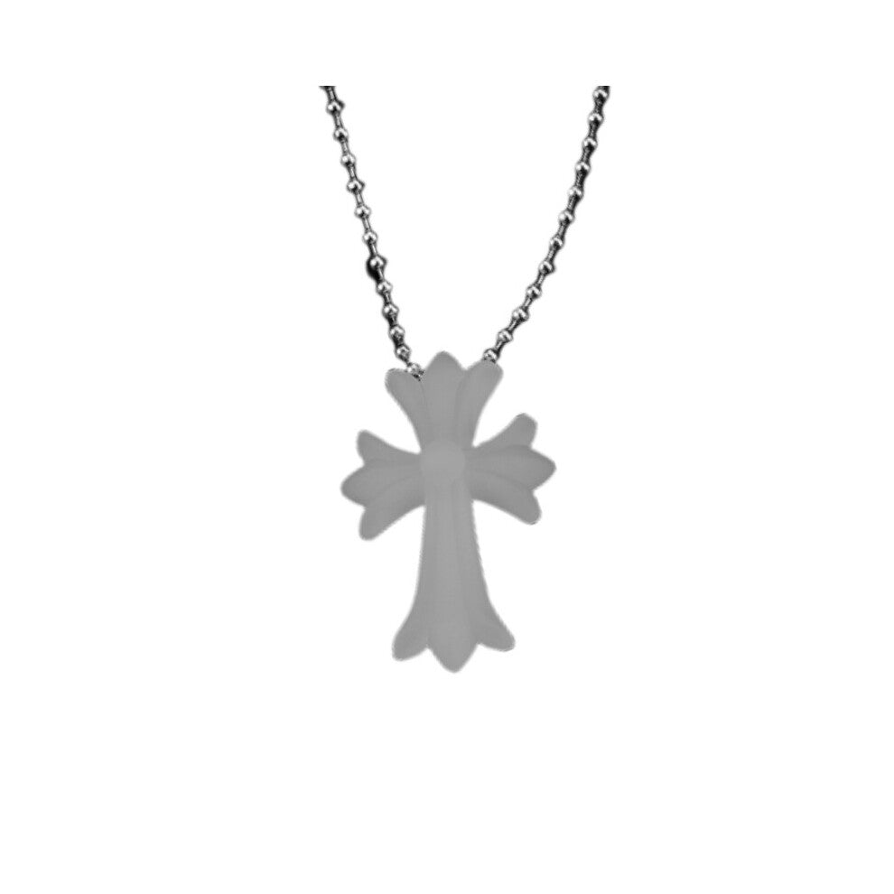 (Milky White) Hearts Crucifix Chrome Religious Vintage Punk Pendant Amulet Pvc Cross Necklace