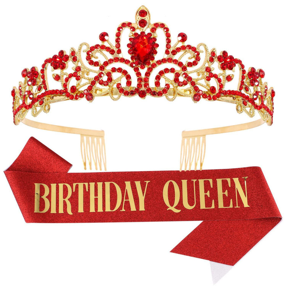 Birthday Queen Sash and Rhinestone Tiara Crown Headband for Red Birthday Party Supplies and Accessories