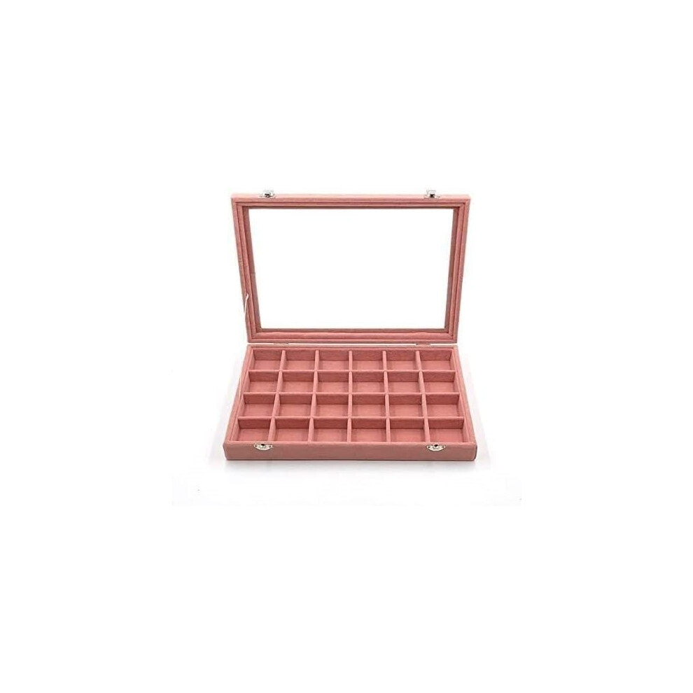 Jewellery Box Organiser with Glass Cover, Pink Storage Tray for Necklaces, Rings, Bracelets, Earrings, 24 Slots