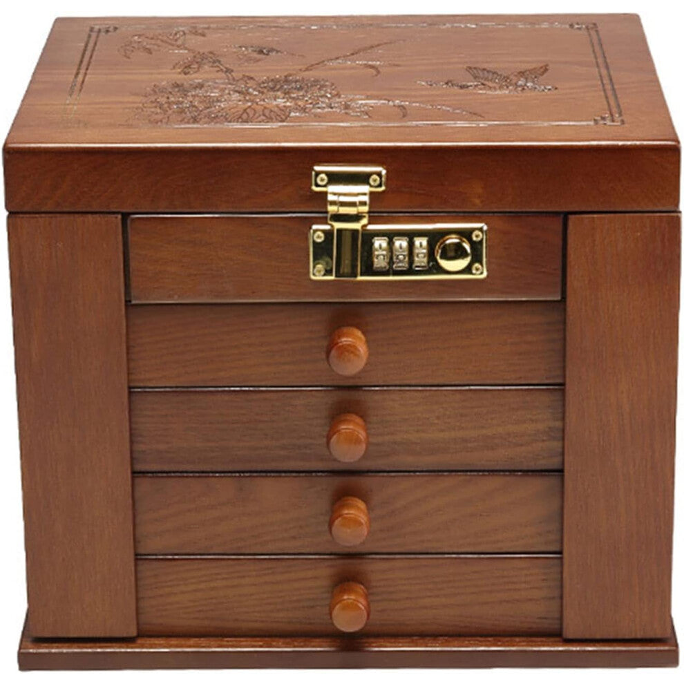 Jewelry Organizer Wood, 5-Tier Lockable Jewelry Box with 4 Drawers, Storage for Watches, Necklaces, and Rings