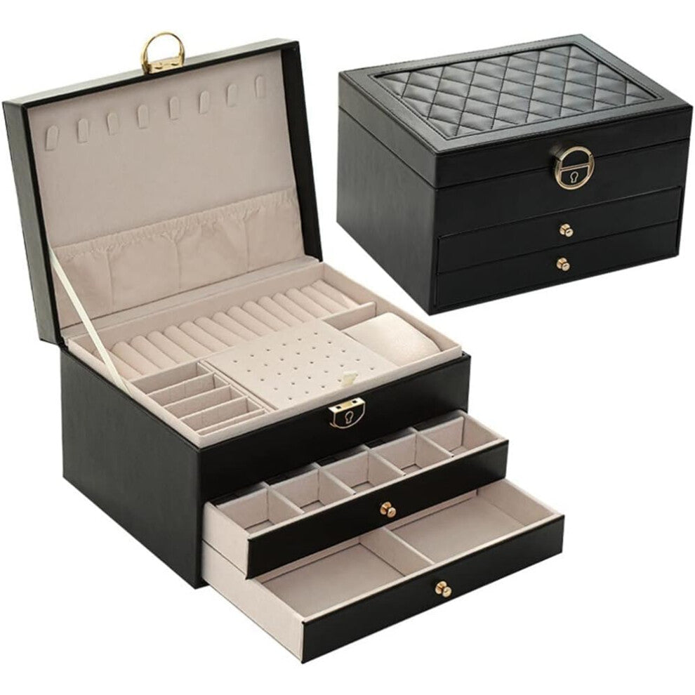 Leather Jewelry Box With Lock - Three-Layer Multi-Functional Organizer for Earrings, Rings, Necklaces, Bracelets and Hair Accessories