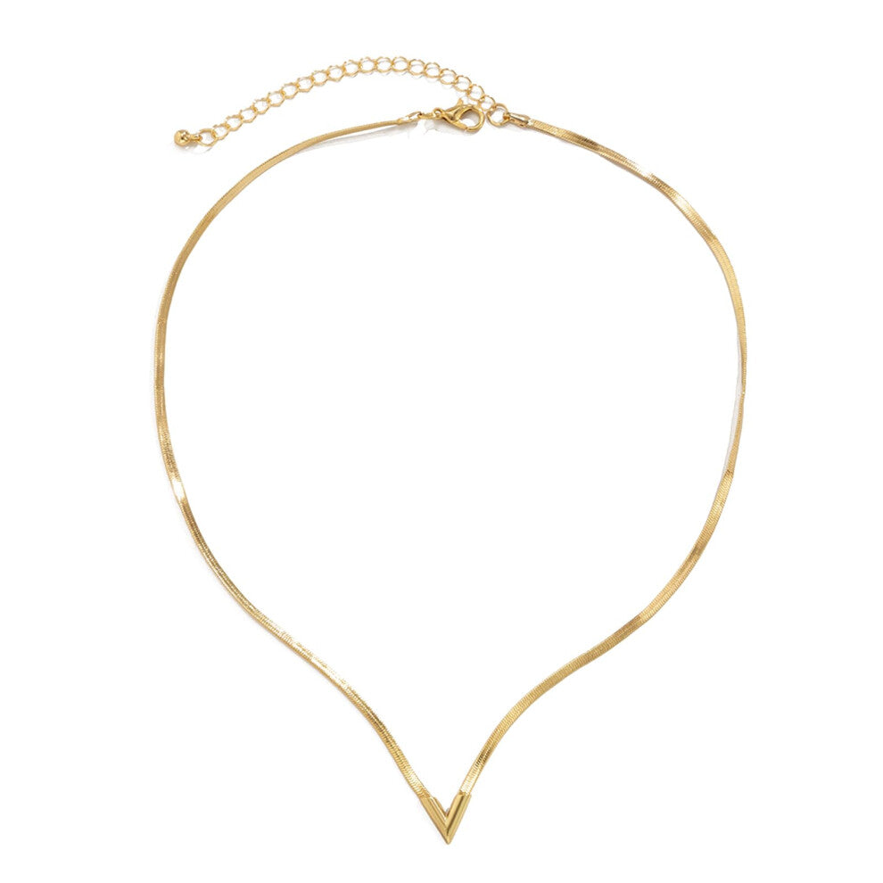 V-Shaped Flat Snake Chain Necklace for Women and Men, Gold Minimalist Key Pendant Jewelry, Simple Stylish Accessories