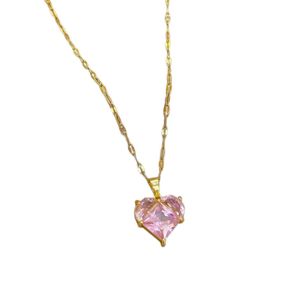 Women's Necklace Peach Heart Luxury Crystal Clavicle Chain Pink Love Fashion Jewelry Lightweight Accessories Gifts