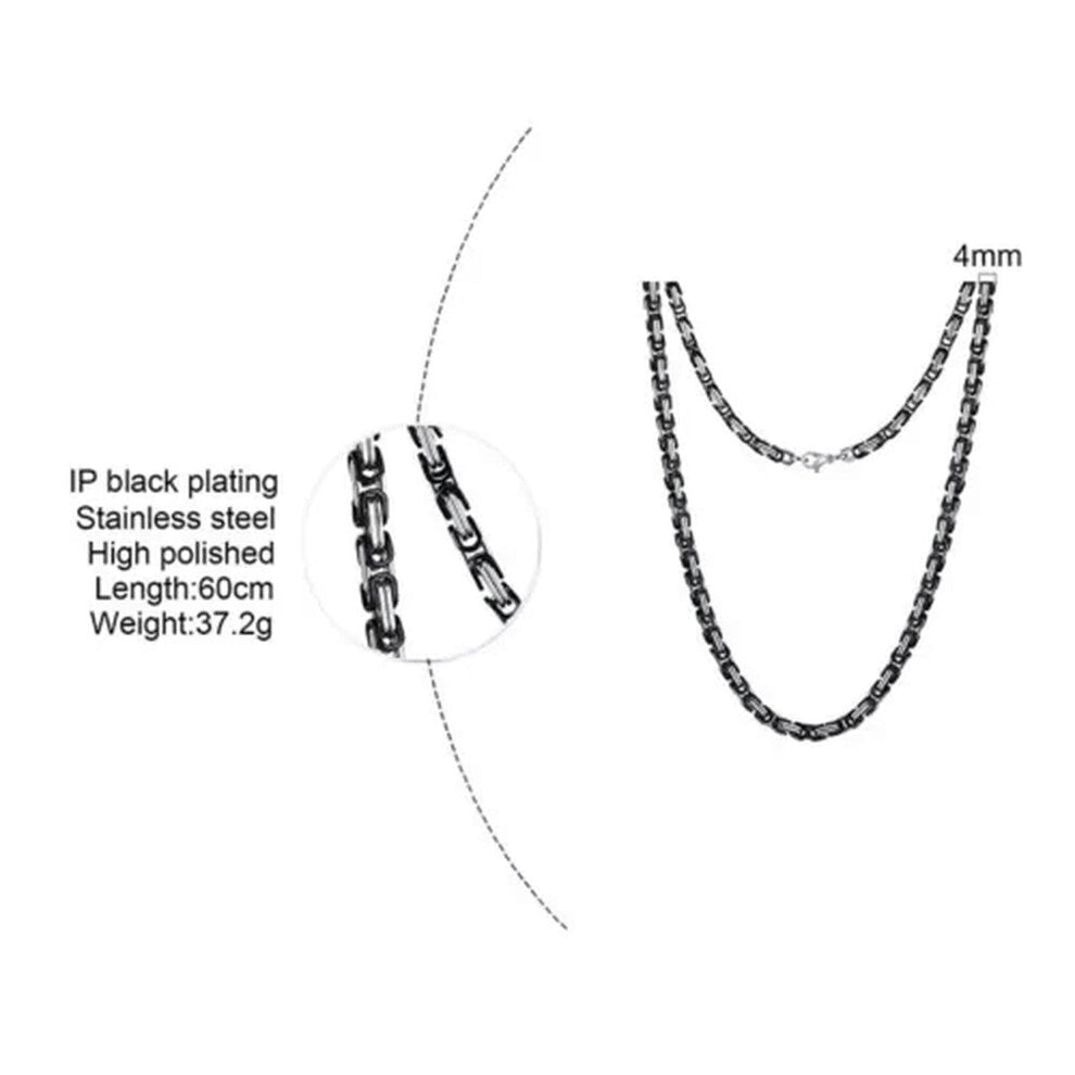 Men's King Chain Stainless Steel 4mm Black-Silver 50cm 20 Inches Byzantine Box Accessories 4-5-6-8mm Sizes
