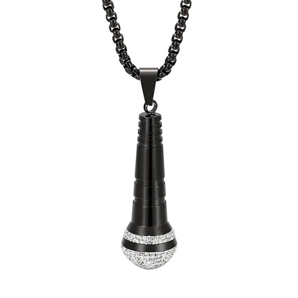Men's Stainless Steel Microphone Pendant Necklace with Black Cubic Zirconia Hip Hop Diamond Jewelry for Casual Wear