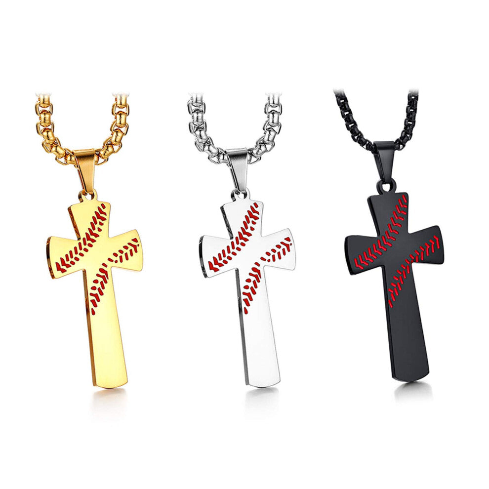 Men's Necklace Pendant Baseball Stainless Steel Cross Rosary with Bible Engraving Vintage Polished in Silver Gold Black 3pcs
