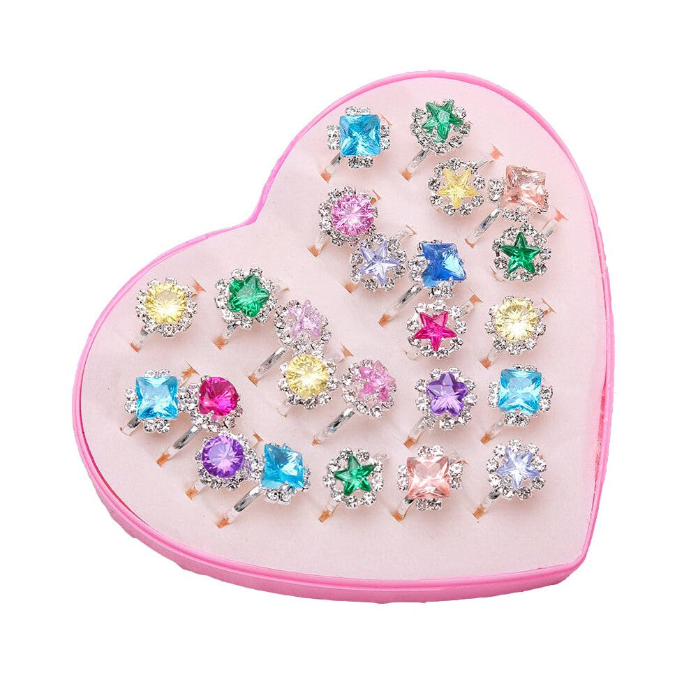Children's Rings Girls Set, 24 Adjustable Jewellery Rings for Kids, Heart Display Case, Princess Dress Up Accessories