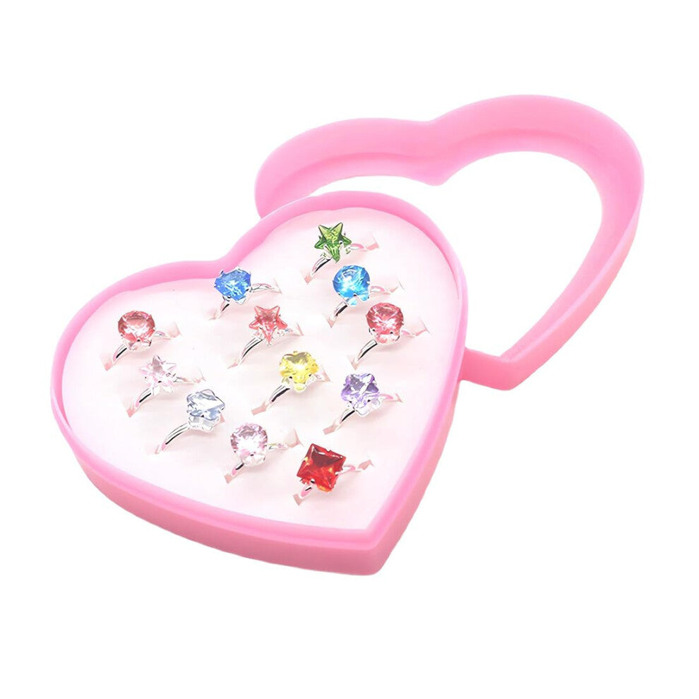 Girls' Rings Set, 12 Adjustable Children's Rings with Heart Shape Display Case for Birthday Parties, Princess Jewellery Collection