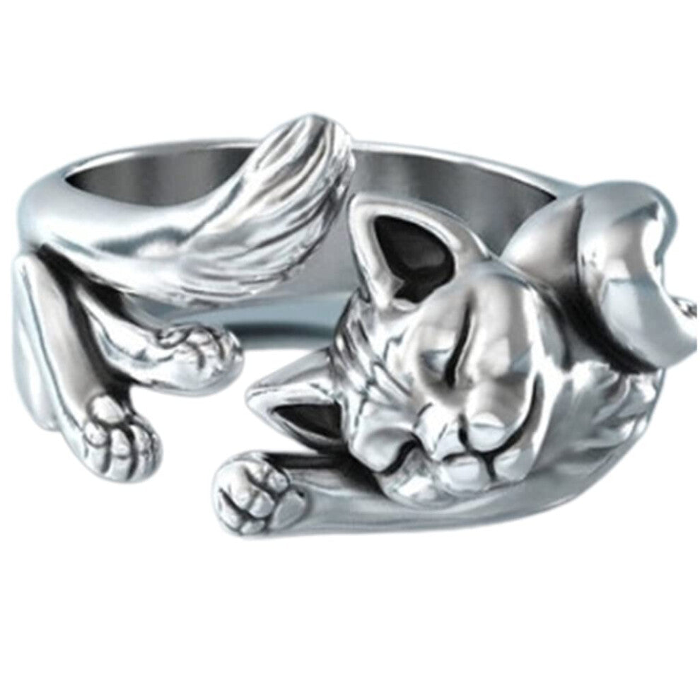 Cute Cat Ring Silver Adjustable Open Ring for Girls and Women, Alloy Lucky Jewellery Ornament