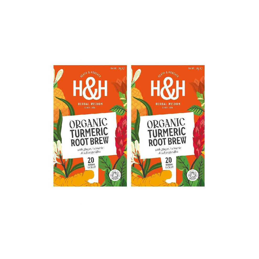 H&H Organic Tumeric Root Brew Tea with Ginger & Ashwagandha - 20 Tea Bags  Pack of 2