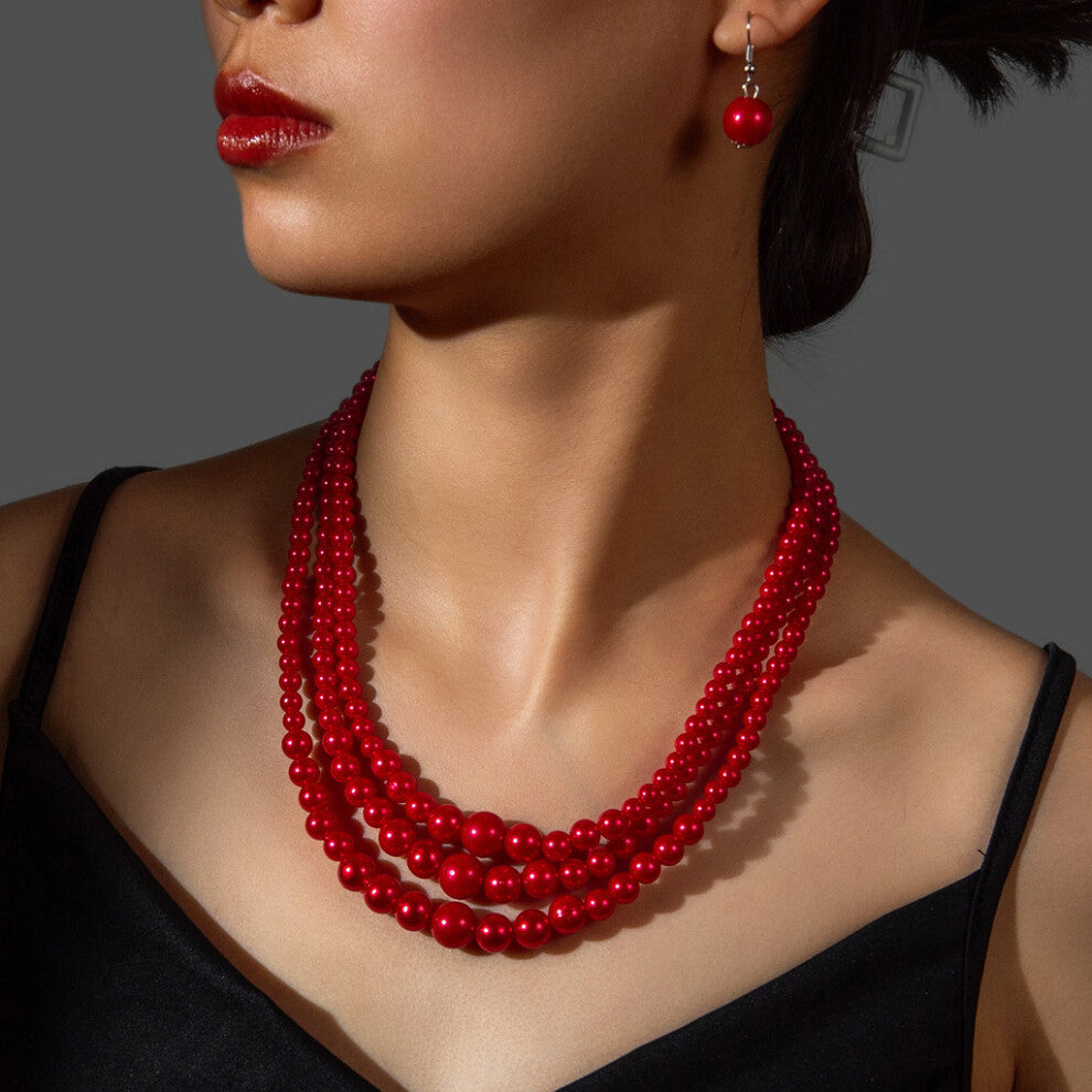 (WineRed) Pearl Fashion European Jewelry Set With Pendant For Women And Men