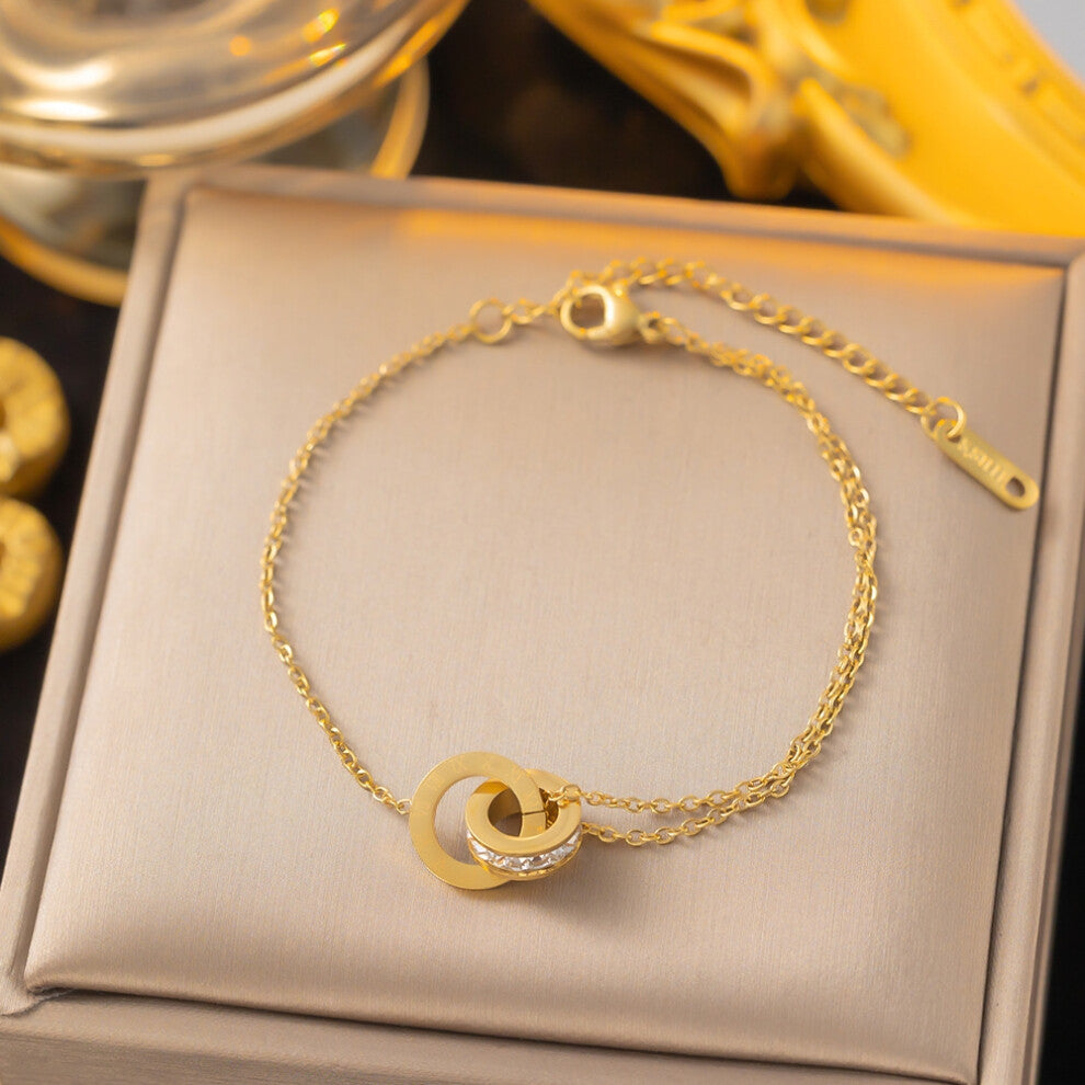 (C011 Roman Double Ring bracelet in gold) Roman numeral double ring full diamond titanium steel necklace, women's light luxury and versatile collarbon