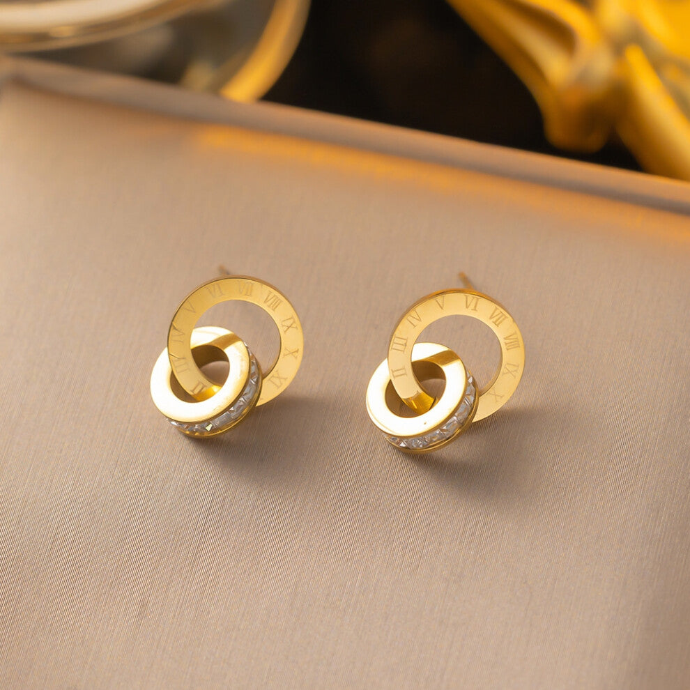 (D005 Roman double ring stud in gold) Roman numeral double ring full diamond titanium steel necklace, women's light luxury and versatile collarbone ch