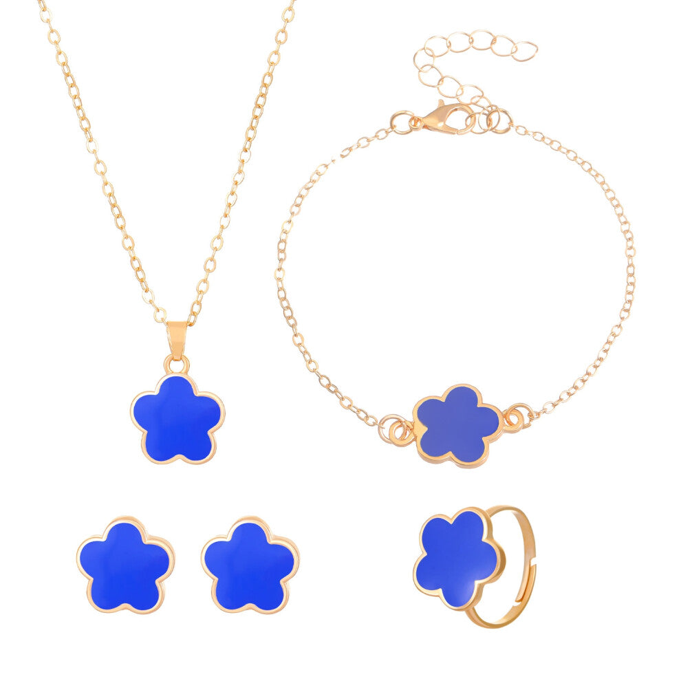 (01KC Gold Blue) Five-leaf Clover jewelry set for women: Simple petal necklace, five-leaf flower bracelet, ring and stud 4-piece set