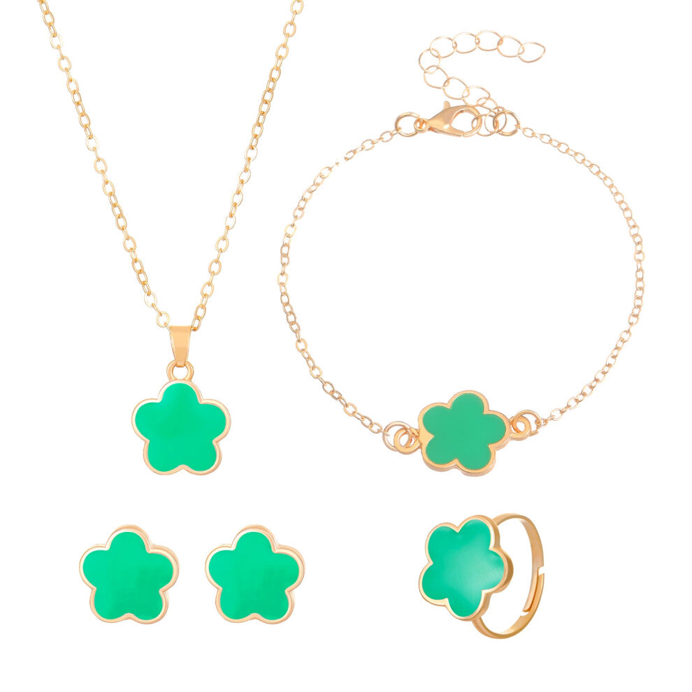 (02KC Gold Green) Five-leaf Clover jewelry set for women: Simple petal necklace, five-leaf flower bracelet, ring and stud 4-piece set