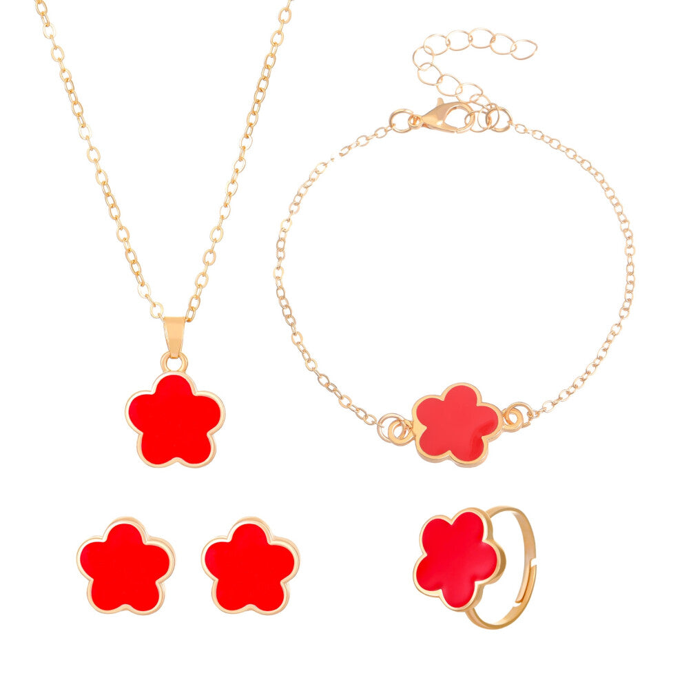 (03KC golden red) Five-leaf Clover jewelry set for women: Simple petal necklace, five-leaf flower bracelet, ring and stud 4-piece set