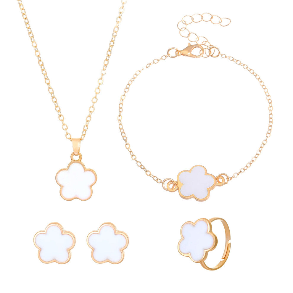 (04KC golden white) Five-leaf Clover jewelry set for women: Simple petal necklace, five-leaf flower bracelet, ring and stud 4-piece set