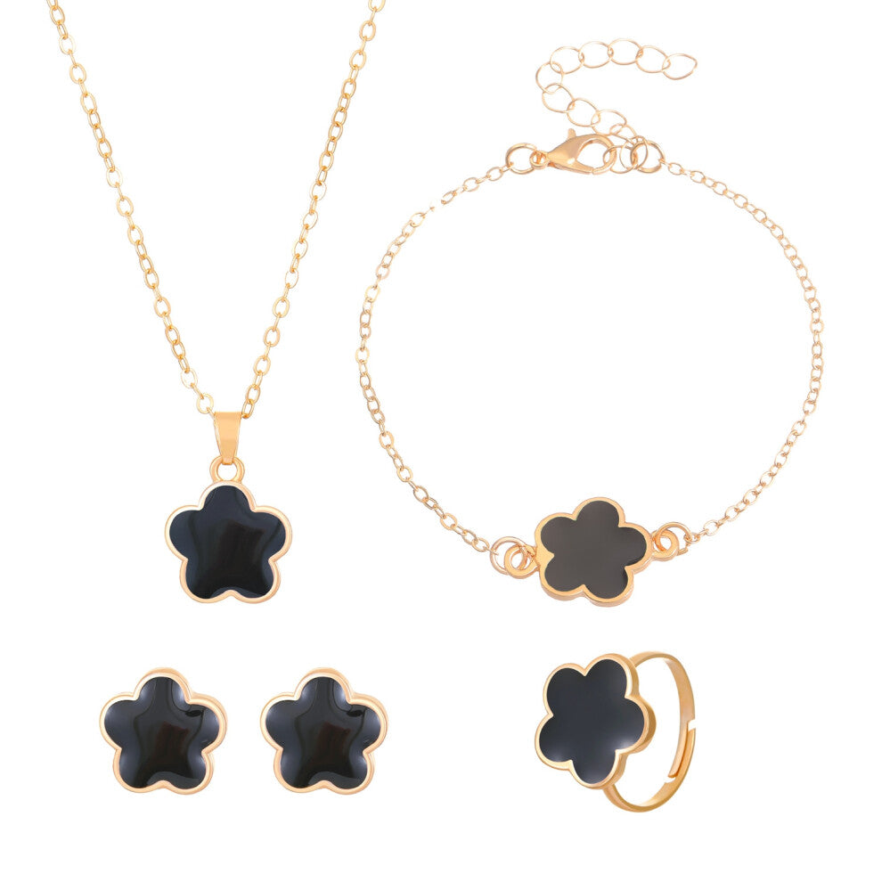 (05KC gold black) Five-leaf Clover jewelry set for women: Simple petal necklace, five-leaf flower bracelet, ring and stud 4-piece set