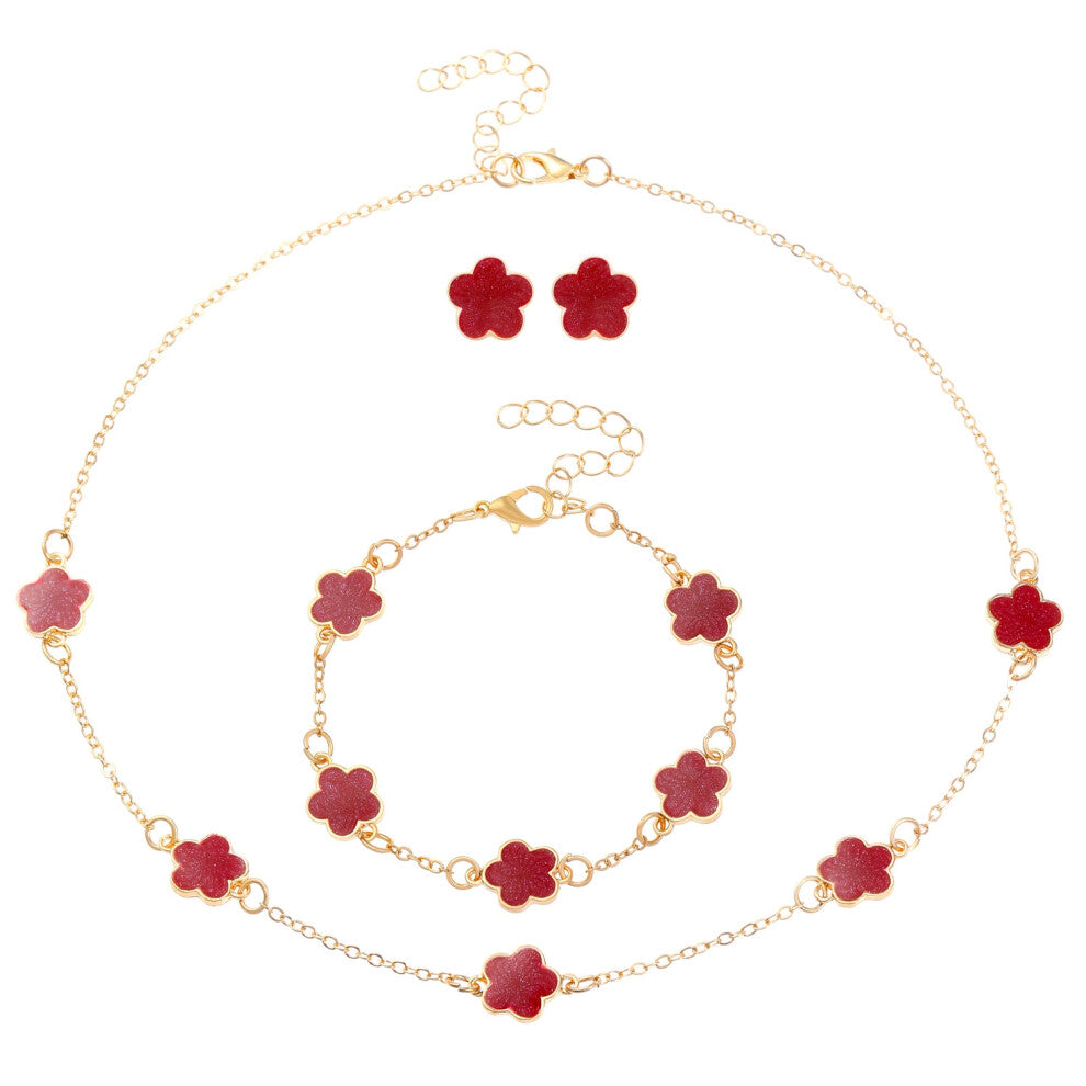 (06KC golden red) Five-leaf Clover jewelry set for women: Simple petal necklace, five-leaf flower bracelet, ring and stud 4-piece set