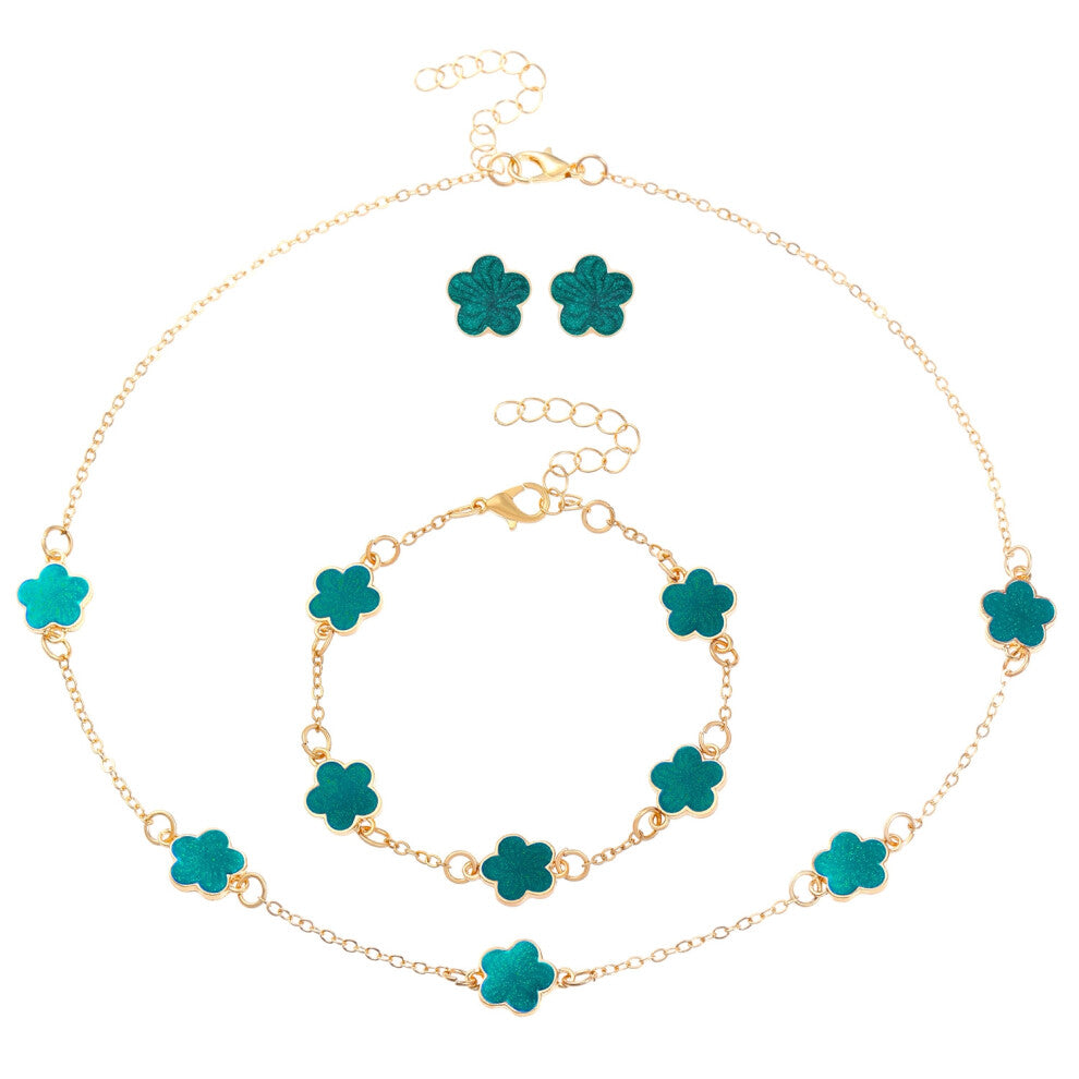 (07KC golden green) Five-leaf Clover jewelry set for women: Simple petal necklace, five-leaf flower bracelet, ring and stud 4-piece set